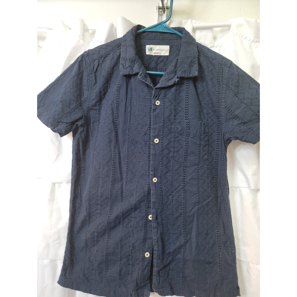 Aeropostale Mens XS Navy Blue Eyelet Embroidered Short Sleeve Button Down  1814